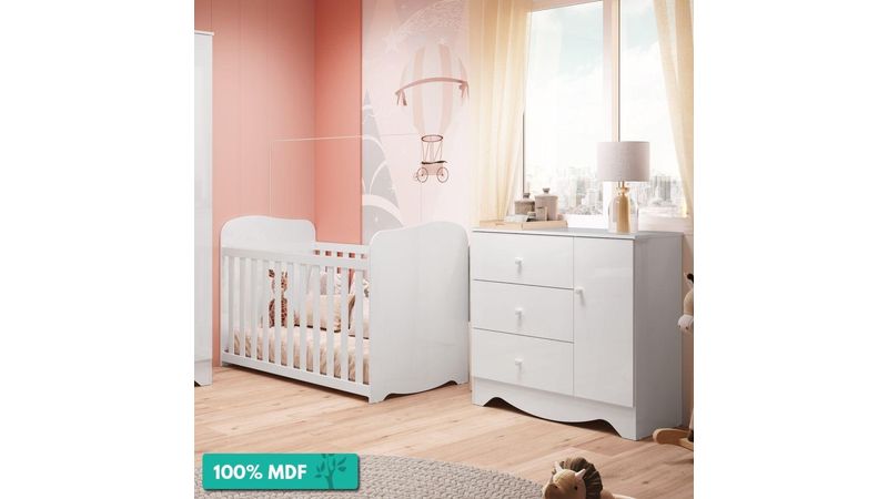 Quarto de Bebê com Berço Cômoda com Janela e Prateleira 100% MDF Uli Móveis  Peroba Branco Brilho - CasaTema