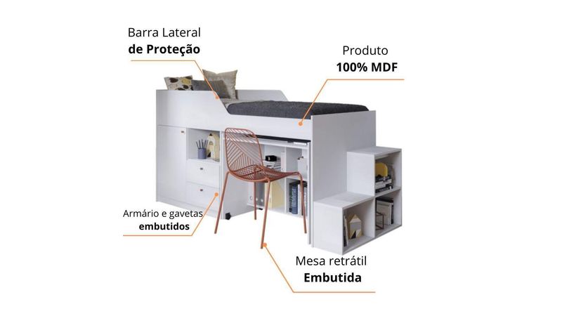 Cama Multifuncional Solteiro 2 Gavetas 1 Porta 4 Nichos Escrivaninha Aila  Cimol Branco Branco - Casa & Vídeo