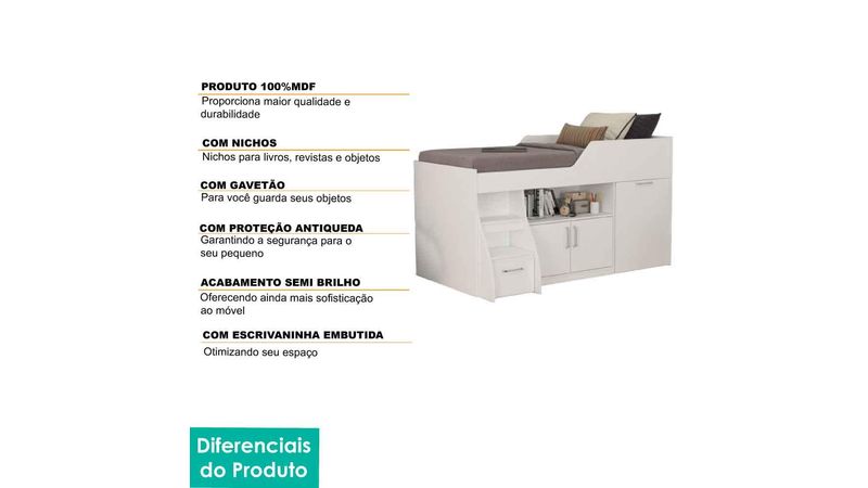 Cama Multifuncional Bianca II com Armário e Escrivaninha - Branco