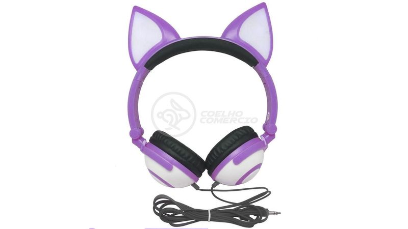 Fone de ouvido roxo com olhelha de gato