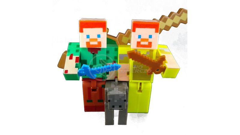 Kit Cartelado Conj. Minecraft 2 Bonecos + 1 Bloco + 1 Vaca + 1 Espada  Minecraft 31cm