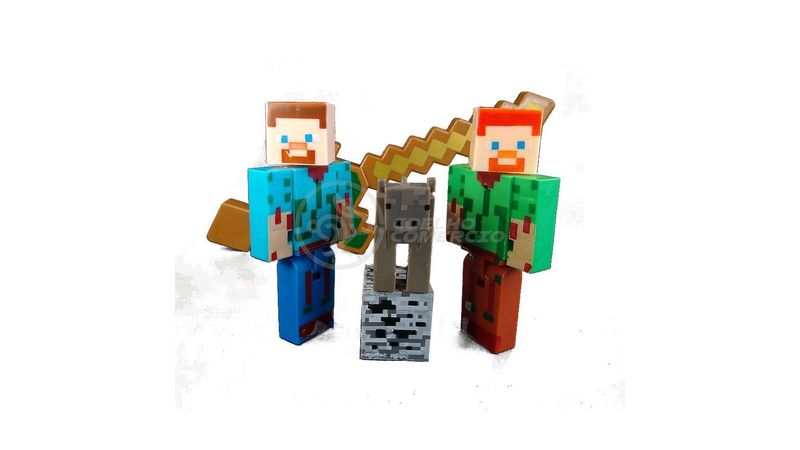 Kit Cartelado Conj. Minecraft 2 Bonecos + 1 Bloco + 1 Vaca + 1 Espada  Minecraft 31cm