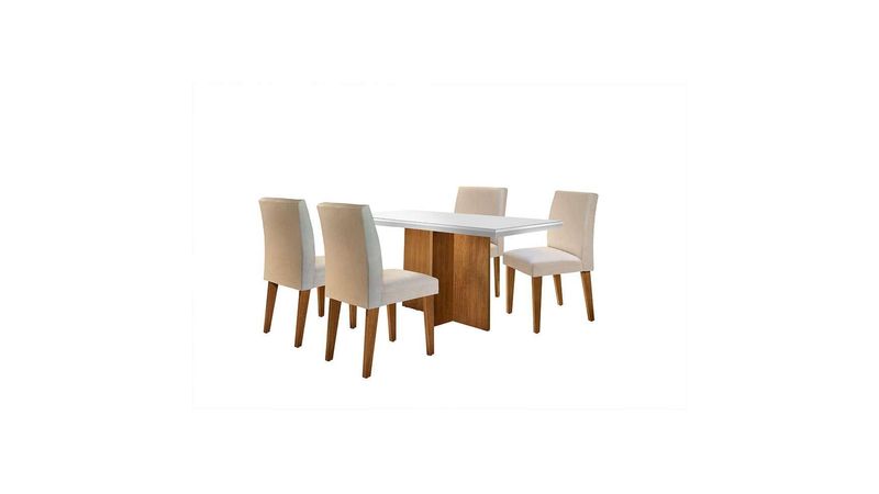 Conjunto de Mesa de Jantar Berlim II com Tampo de Vidro Off White e 4  Cadeiras Grécia Veludo Creme