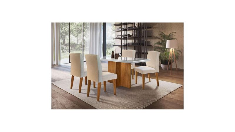 Conjunto de Mesa de Jantar Berlim II com Tampo de Vidro Off White e 4  Cadeiras Grécia Veludo Creme