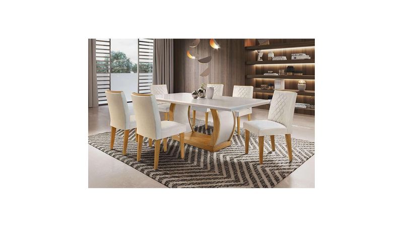 Conjunto de Mesa de Jantar com 6 Cadeiras Estofadas Maia I Veludo Off White  e Creme